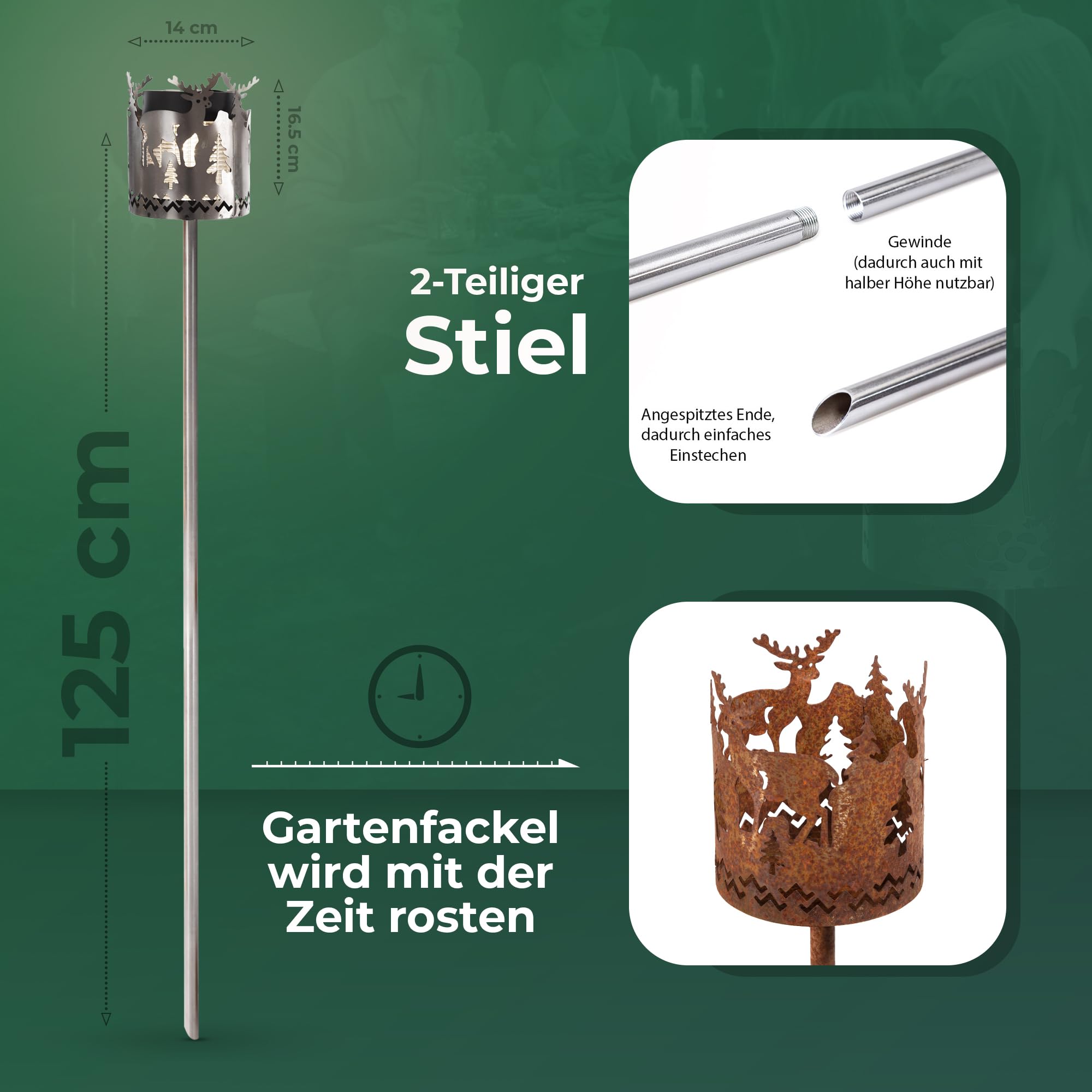 Gartenfackel LED Solar Motiv Hirsch - Rost Lampe Gartenlampe LED Leuchte für draußen Gartenleuchte Fackel Garten