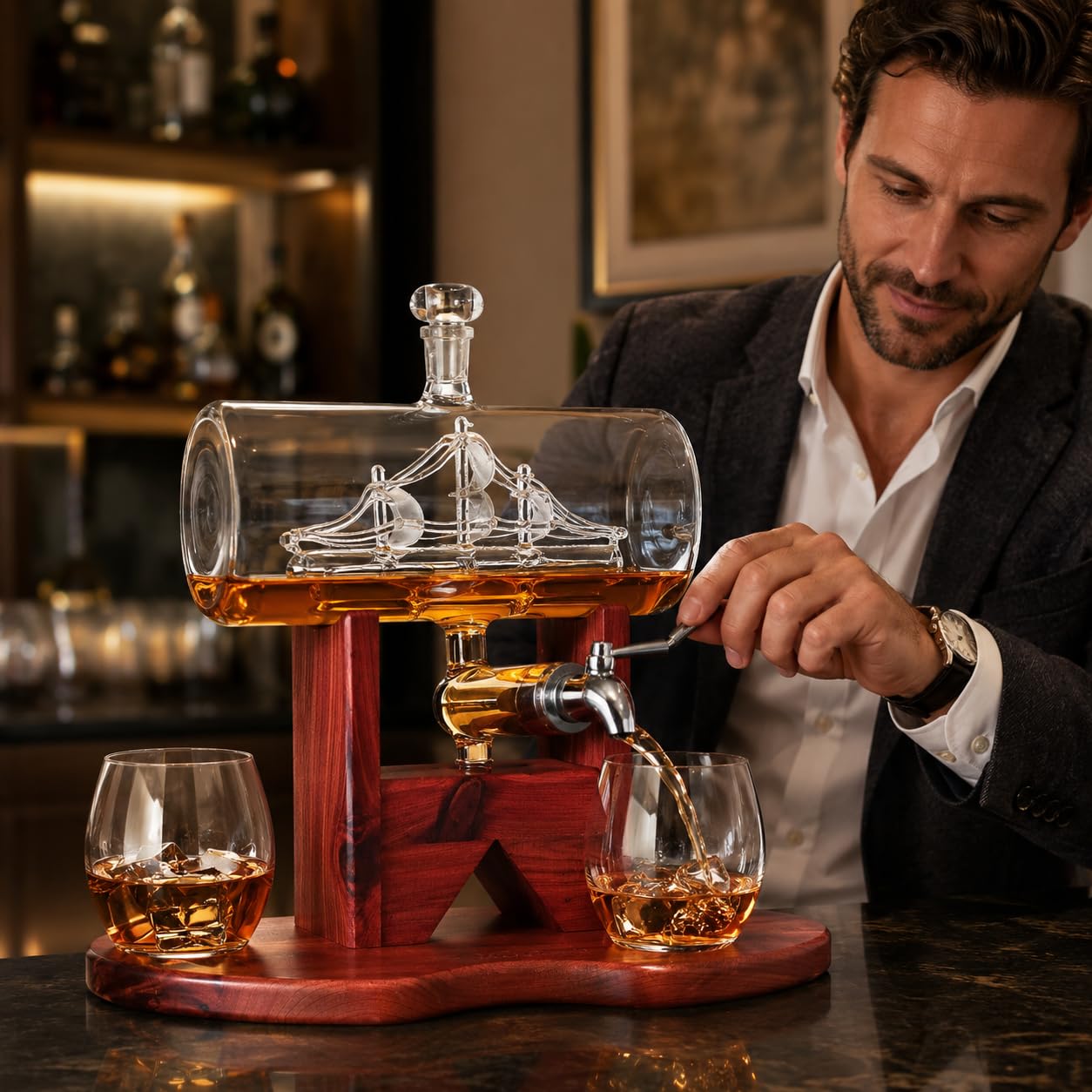 The Wine Savant Carafe à décanter pour vin et whisky, 1250 ml avec 2 verres à whisky et beau support cadeau pour papa, mari ou petit ami