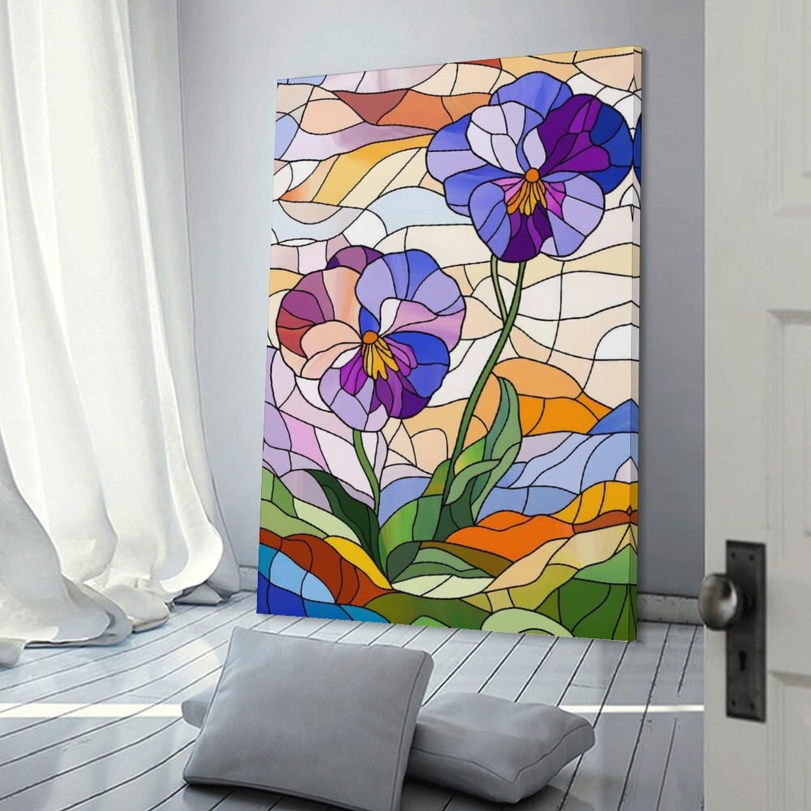 Junmoney Stained Glass Pansies Room Decor Wall Art 20x30inch(50x75cm), for Entrance Spaces, Stair Walls Or Halls, A Neat Decor Update for Hallways