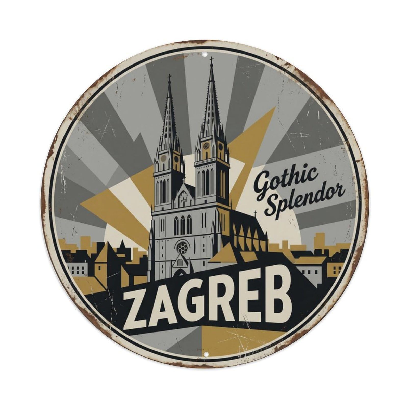 Vintage Travel Zagreb Croatia Cathedral Metal Tin Sign Plaque Wall Decor for Cafe, Club, Garden Round Metal Poster 8x8Inch