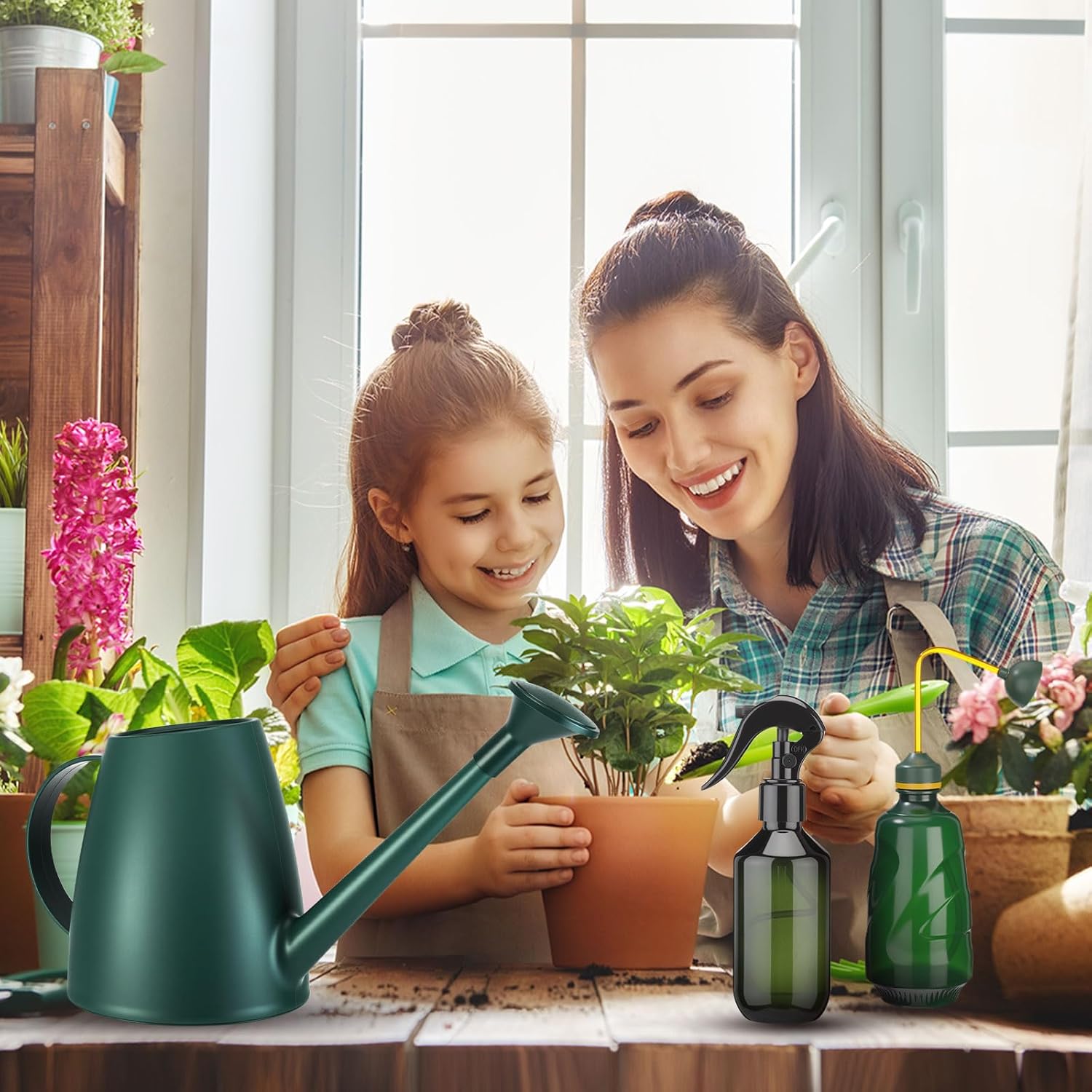 Reallnaive 6 Pcs Indoor Watering Can Set 1/2 Gallon Can 6.8 oz Spray Bottle 17 oz Squeeze Bottle Plant Watering Globes Soil Moisture Meter Small Spraying Sets for Indoor Outdoor(Dark Green)