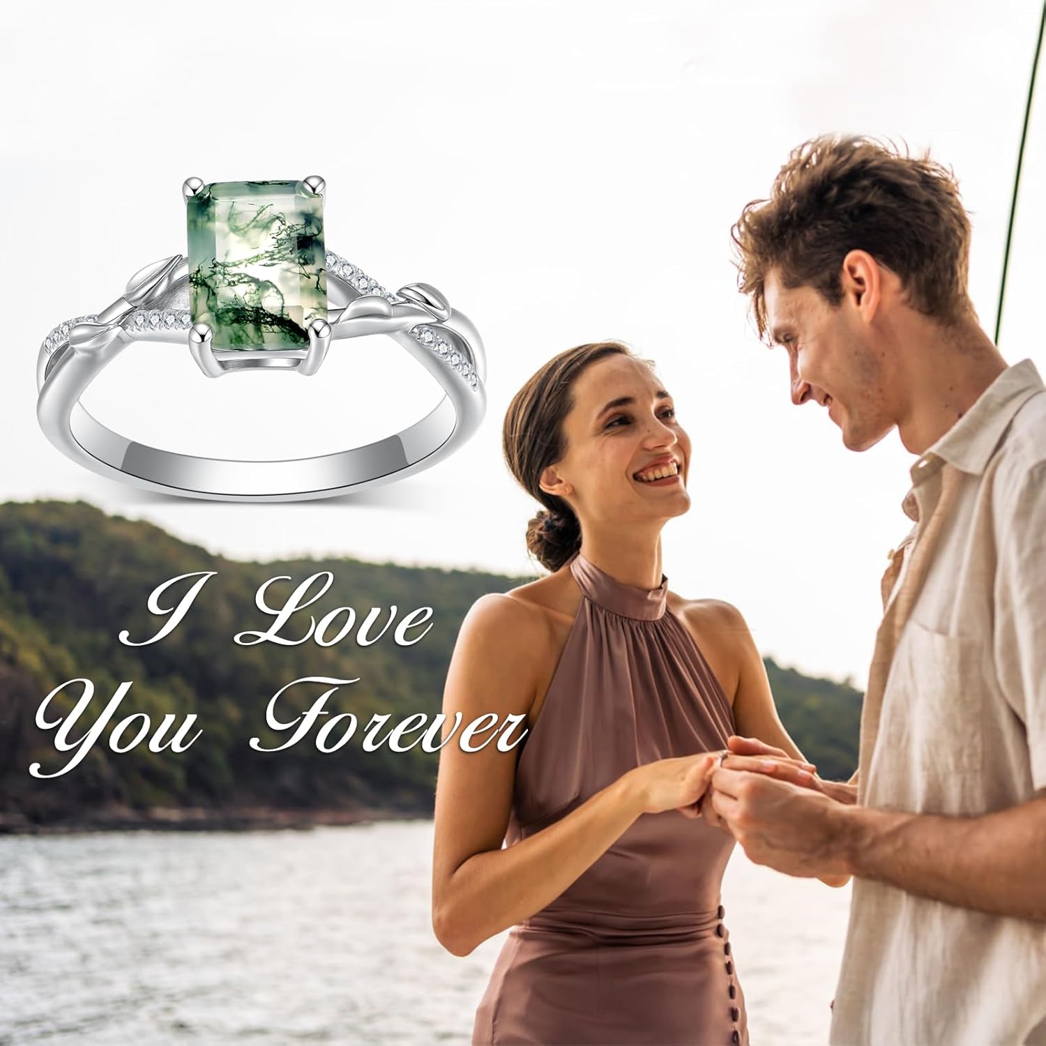 Emerald-Cut Natural Moss Agate Engagement Ring for Women,Twisted Infinity Promise Eternity Anniversary Ring Band 18K White Gold Platinum Plated Jewelry Gift for Wedding Birthday - Image 3