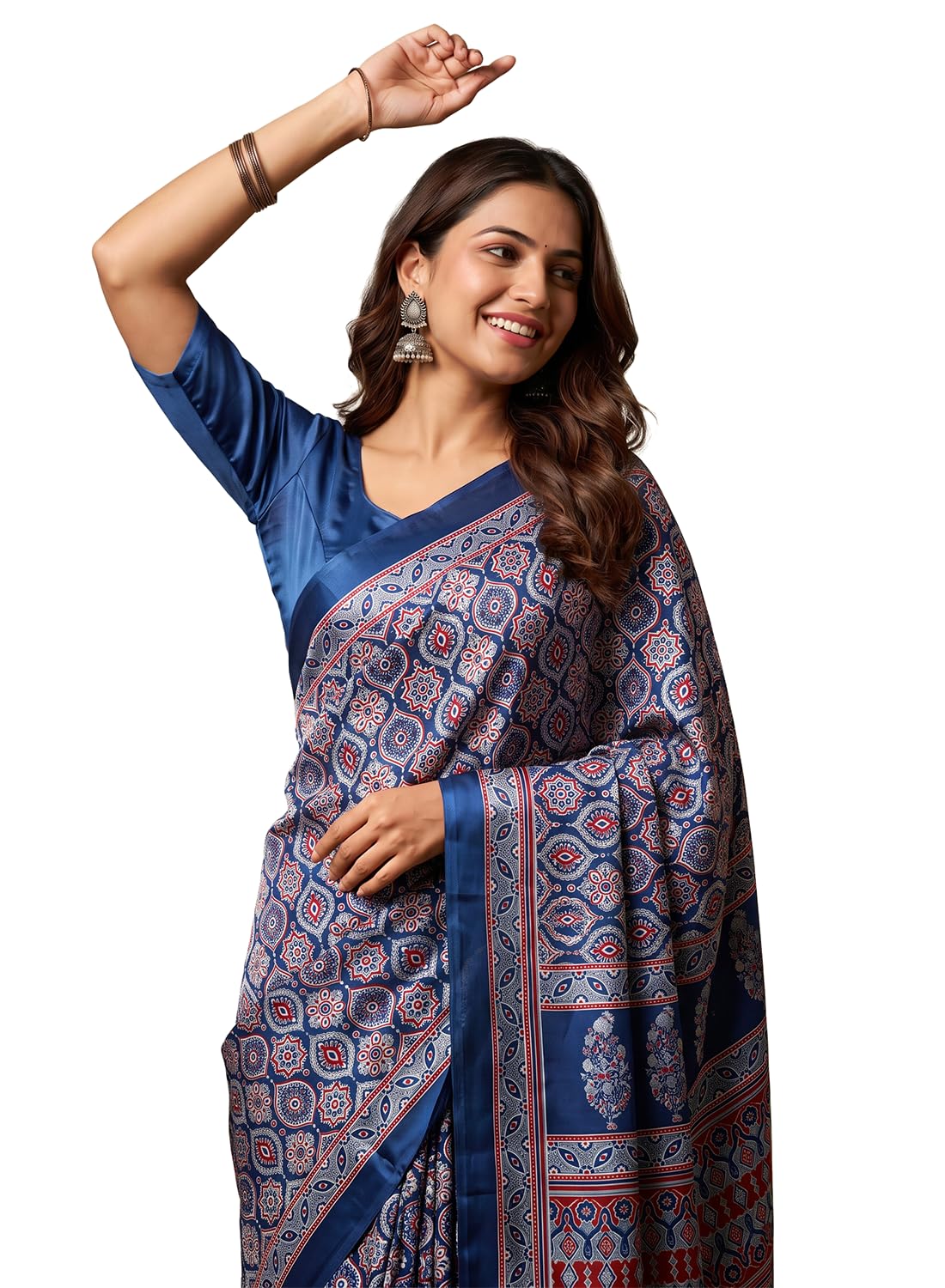 shri hari Sarees Ajrakh Modal Silk Saree for Women | Gajji Silk Red Pallu Tassels | Designer Sarees for Women Party | Ajrakh Print Saree | Modal Silk Sarees Original-picture-16