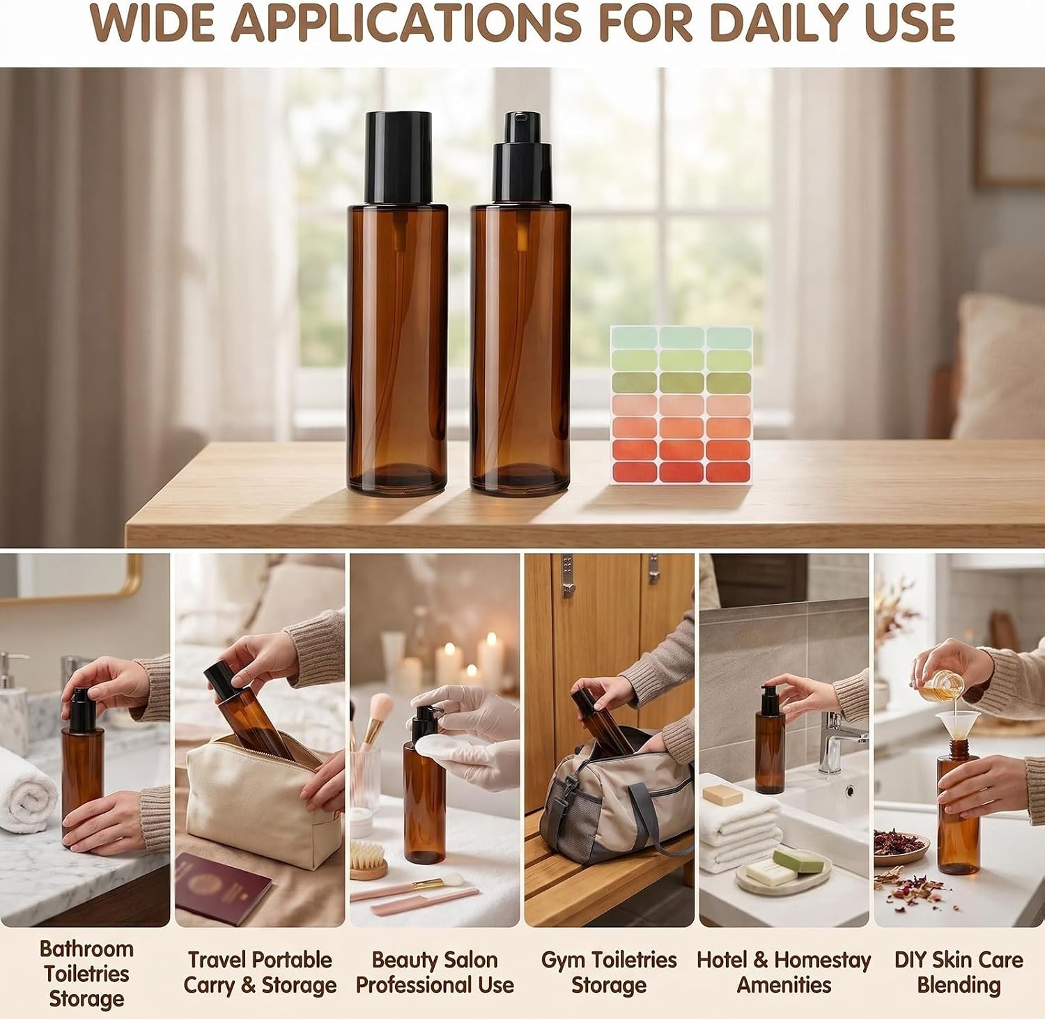 2 Pack 60ml/2oz Amber Empty Glass Lotion Pump Bottles, Travel Size Refillable Cosmetic Dispensers with Black Pump & Colorful Classfied Labels Sticker for Shampoo Body Wash Skincare