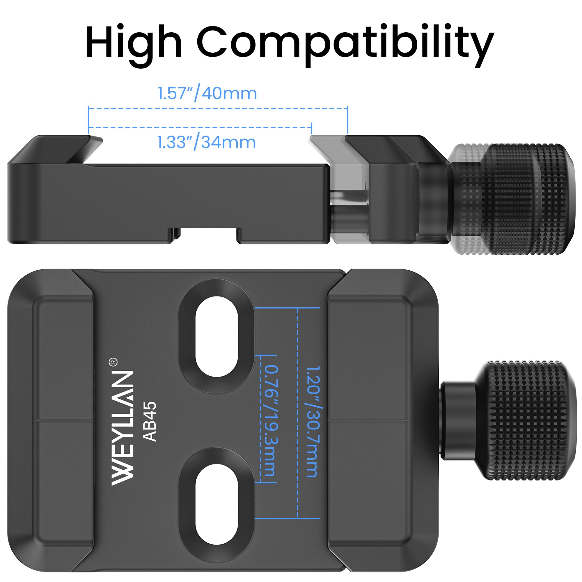 WEYLLAN AB45 Snelwisselplaatklem – Arca Swiss Compatibel, Metalen Klem, Met Adapters Voor Harris & Atlas NC Tweepoten, Zwart, Aluminiumlegering