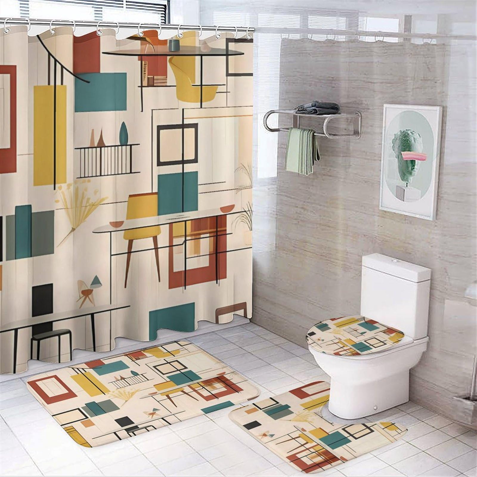 Rideaux de douche du milieu du siècle en tissu noble et tapis de bain doux