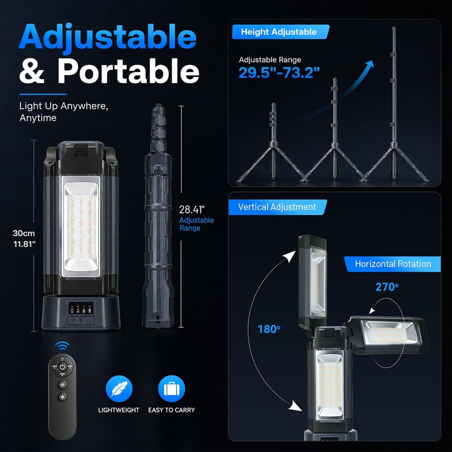 12000mAh Rechargeable Camping Light with Stand 73.2'' | 3200 Lumens Magnetic LED Work Light, Adjustable Detachable Tripod, Remote, Emergency Flashlight with Hook, Camping Gear, Grey