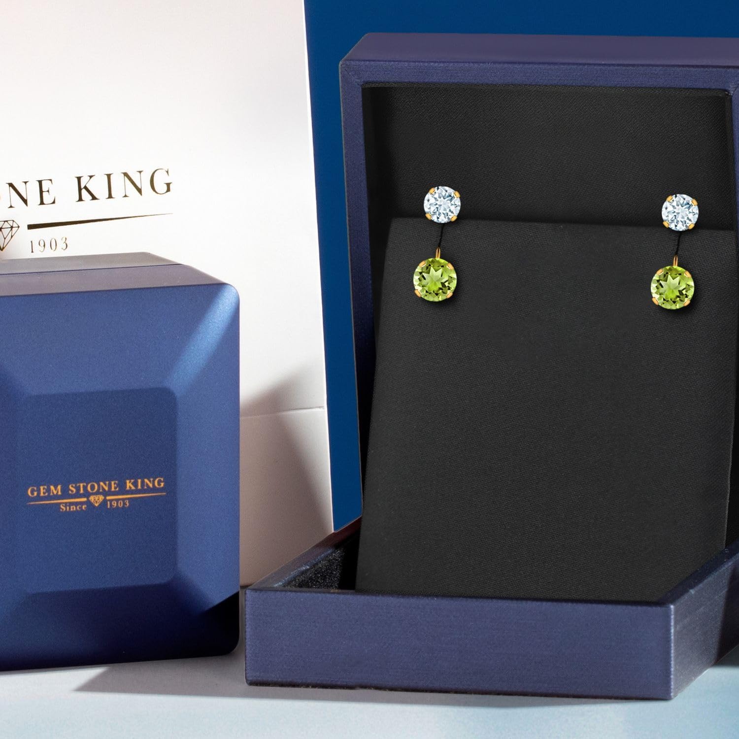 Gem Stone King 14K Yellow Gold Green Peridot and Sky Blue Aquamarine Stud Earrings for Women | 3.00 Cttw | Gemstone August Birthstone | Round 6MM