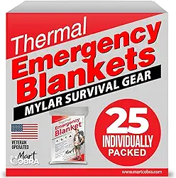 Mart Cobra Cobertor de emergência pacote com 25 cobertores espaciais Mylar equipamentos e suprimentos de sobrevivência reutilizáveis essenciais para acampamento térmico caminhadas primeiros socorros