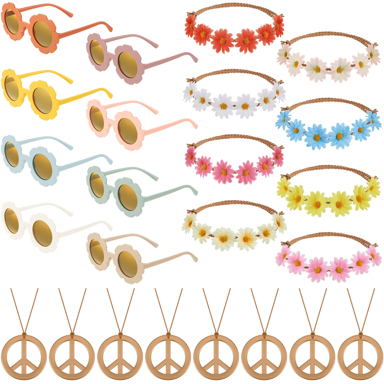 Amylove24 Pcs Groovy Retro Party Favor Accessories Includes Round Flower Polarized Glasses and Headband Daisy Flower Crown Hippie Peace Necklace for Groovy Party Decorations 60s Festival Party Gifts