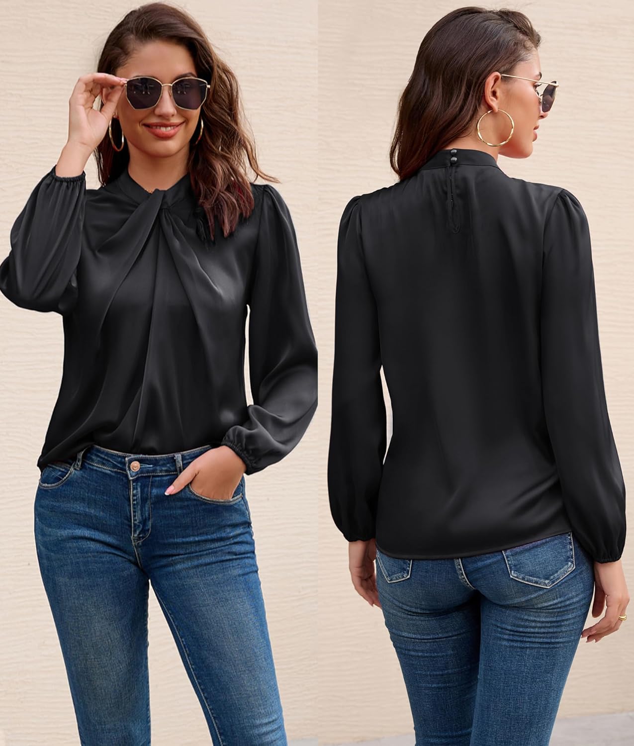 GRACE KARIN Women's Long Sleeve Satin Blouse,Mock Neck Work Silk Shirts,Dressy Tops for Business Casual Office - Image 2