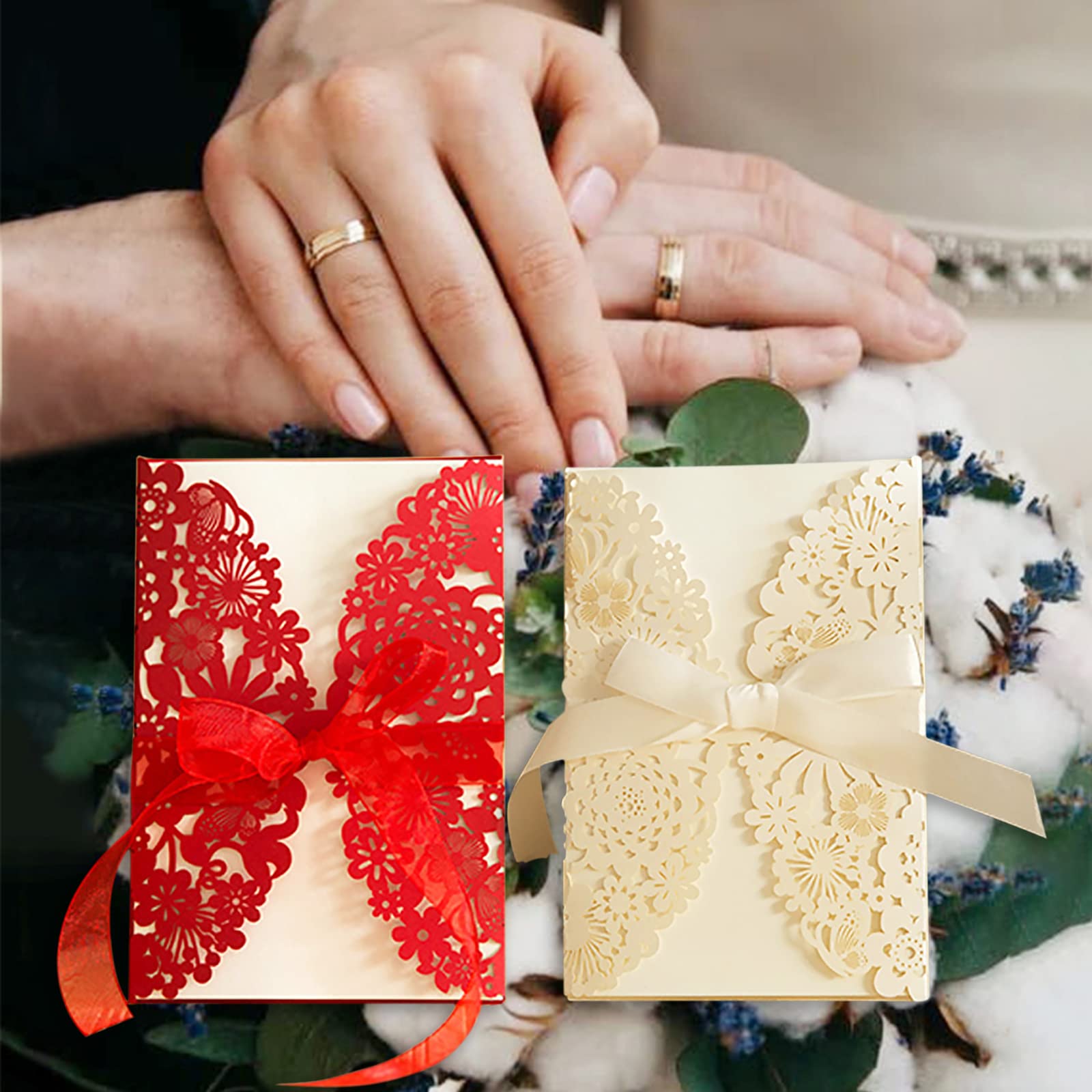 Biglietti d'invito per matrimonio con taglio floreale cavo e buste vuote all'interno, fiocco incluso, confezione da 10 o 25, 12,7 x 18,5 cm piegati, oro o rosso (25 uds.)