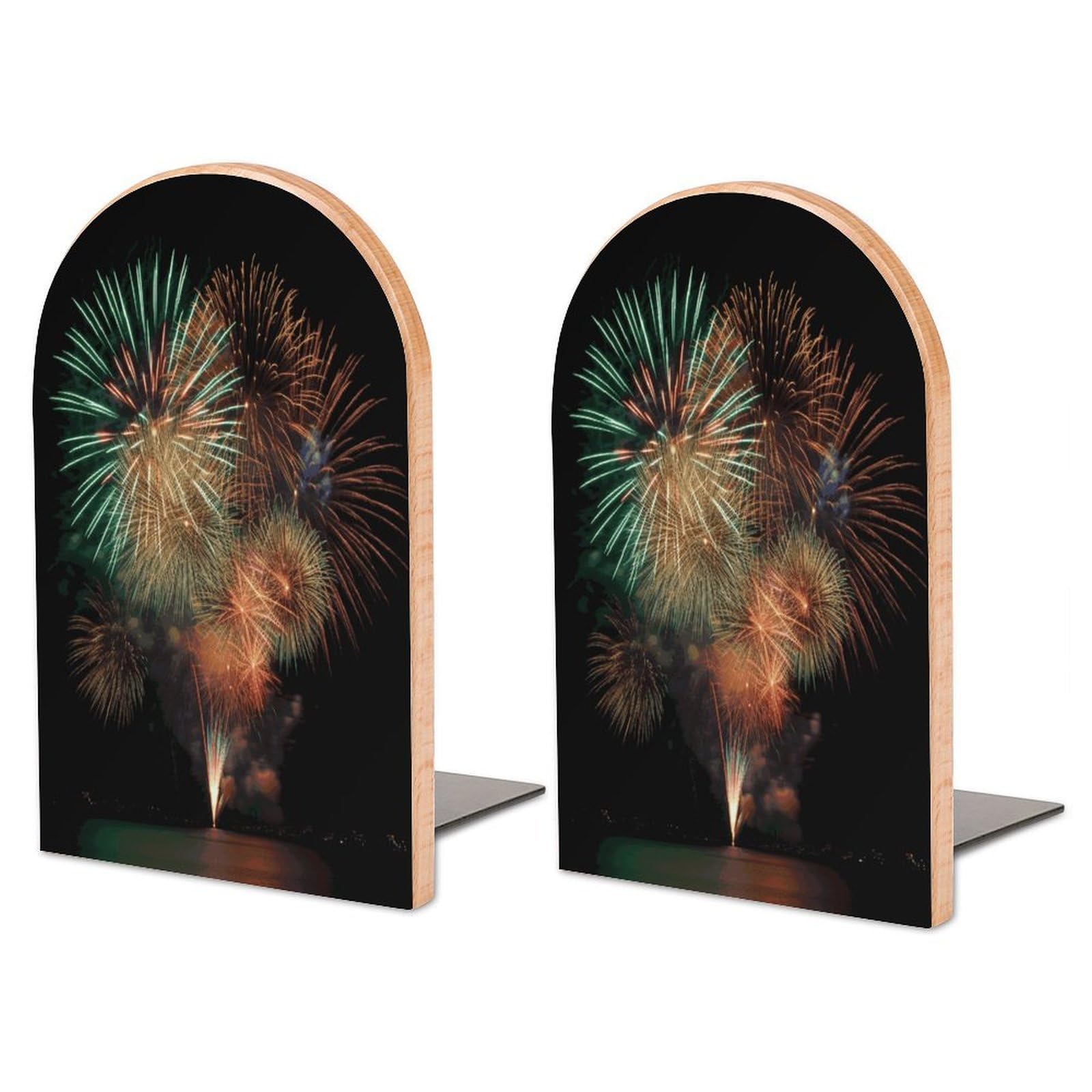 Heavy Duty Fireworks Book End Wooden Bookends with Metal Base Non-Skid Book Stopper for Shelves Books Organizer for Home Office Supplies 6.7 X 4.7 X 3.9”