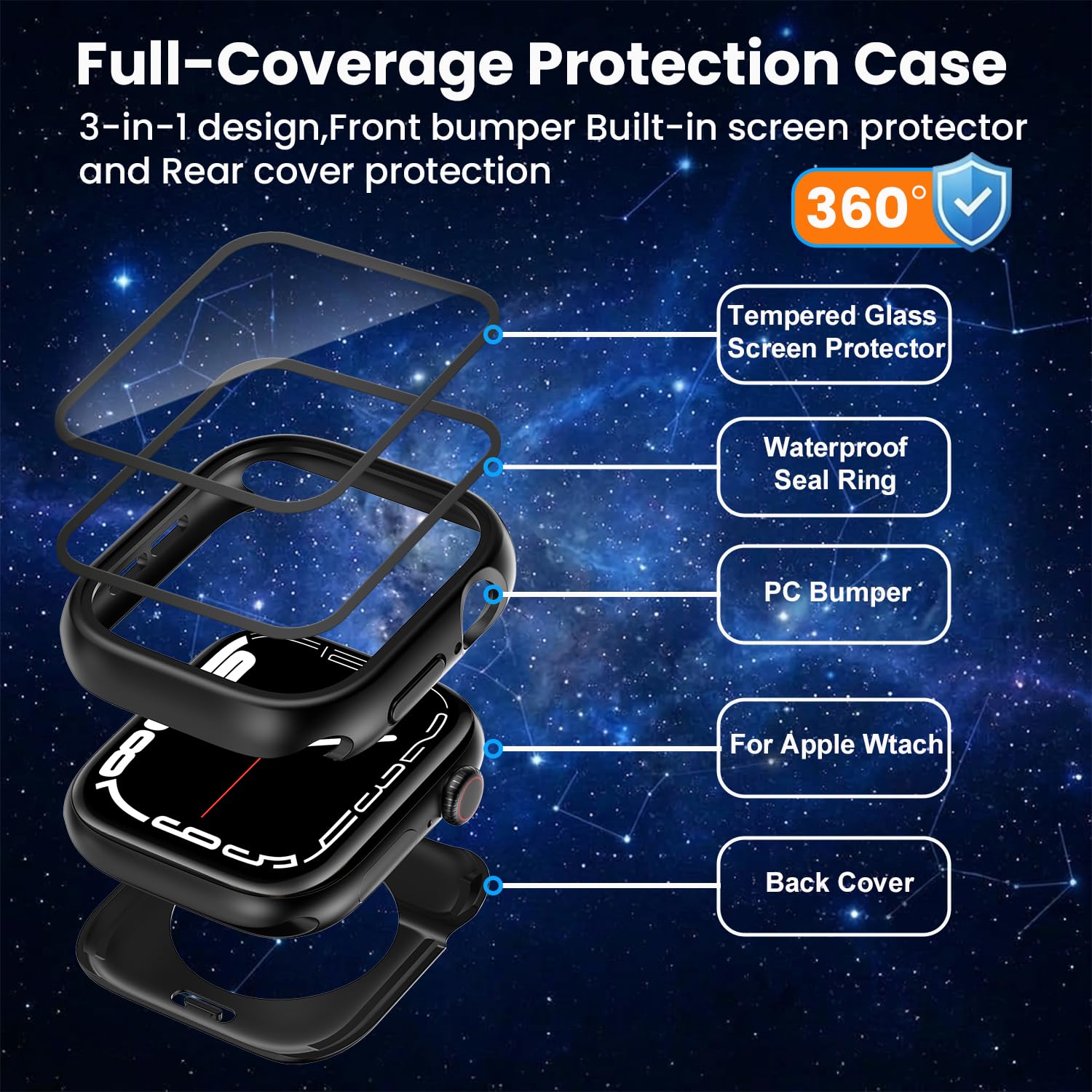 YIJDACASE Coque étanche 3 en 1 IP67 pour Apple Watch Series 4/5/6/SE 44 mm avec protection d'écran en verre trempé 【Protection complète à 360°】 Coque fine en polycarbonate rigide compatible iWatch