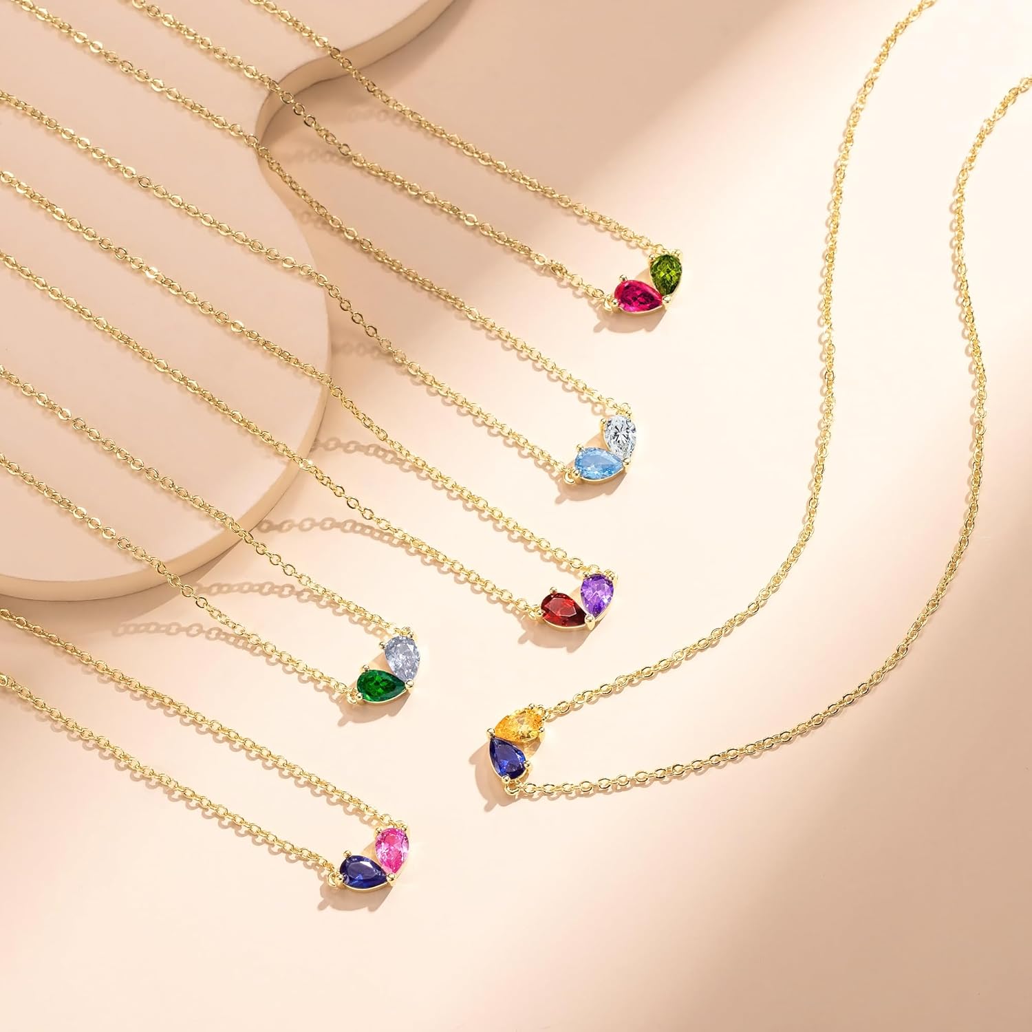 Turandoss Double Birthstone Necklace - 14K Dainty Gold Plated Necklaces for Women, Birthstone Necklace for Women Girls Kids Jewelry Christmas Gifts for Teens
