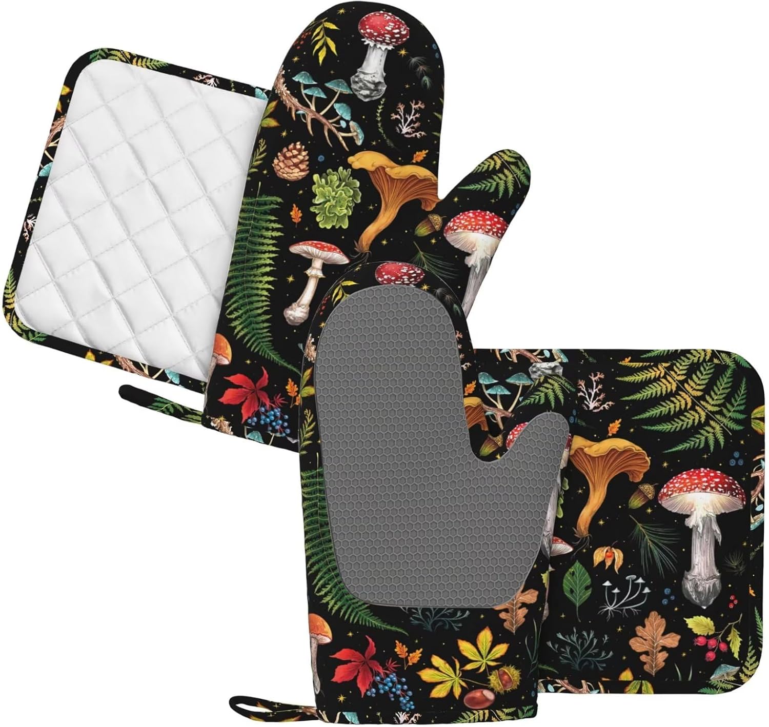 Mushroom Oven Mitts and Pot Holders Sets Silicone Mushrooms Kitchen Mitts Potholders Heat Resistant 4Pcs Oven Gloves Hot Pads for Kitchen Baking Cooking BBQ Grilling - Image 2