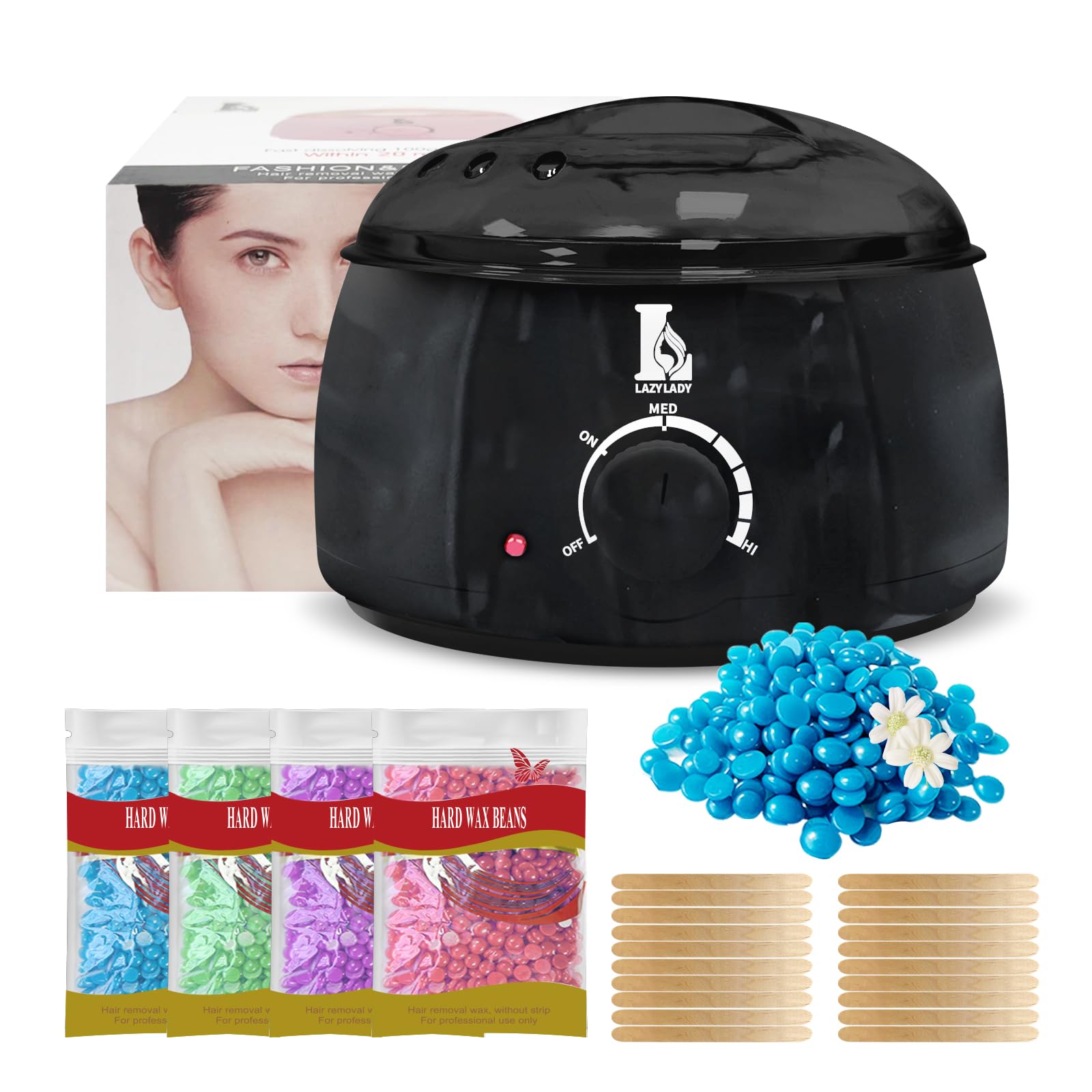 Calentador de Cera Depilatoria Profesional - Máquina de Cera Caliente para Depilación Rápida en Cara, Axilas y Cuerpo, Kit Completo 4 Ceras, Compacto, Portátil y Seguro para Piel Sensible (Negro)