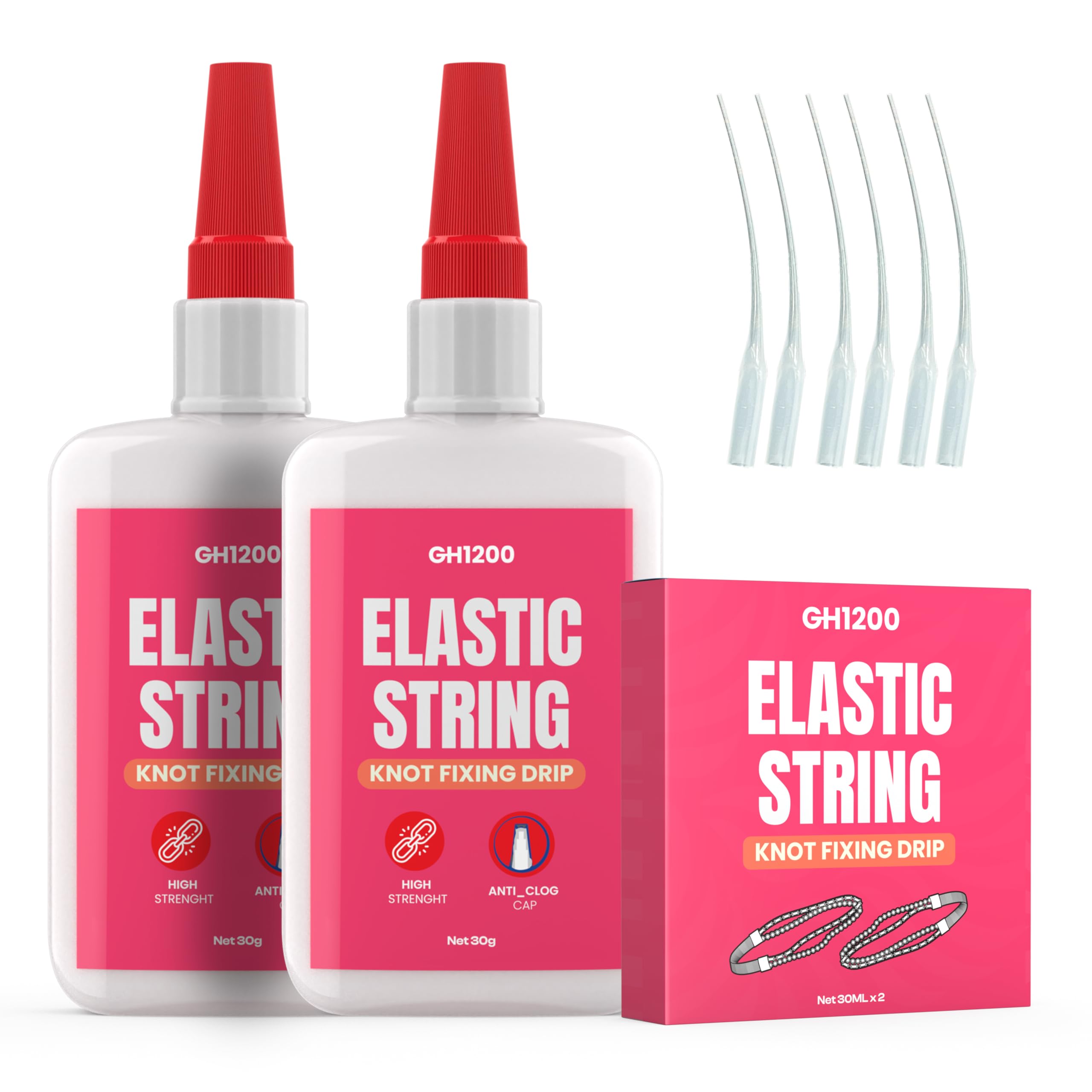 GH1200 Bracelet String Glue with 50 Mess Free Applicators, 30g x 2 PCs Safe to Use Elastic String Glue for Fixing Loose Bracelets, Bracelet Knot, DIY