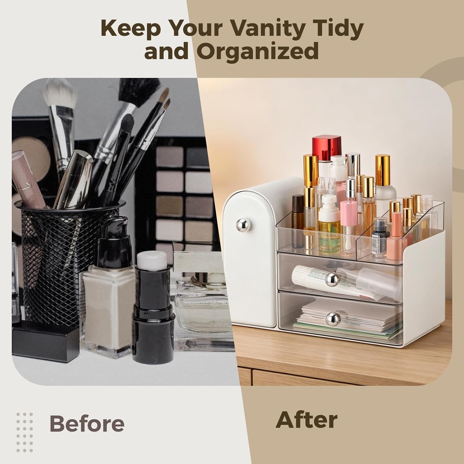 ZALIR Cosmetic Storage Box with Makeup Brush Holder, Multi-Functional Makeup Organizer, Countertop Large Cosmetic Display Case with 2 Drawers for Vanity, Dresser