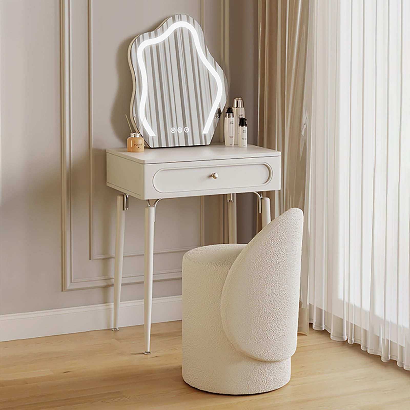 Small Vani Makeup Table Set with LED Mirror & Cushioned Stool - Wooden Dressing Desk for Bedroom Compact Vani Lighting Furniture for Dressing Room Stylish & Functional.