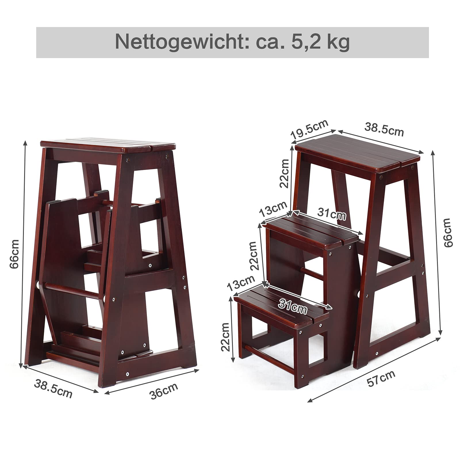 RELAX4LIFE Leiterstuhl 3 Stufen, Tritthocker Kiefernholz, Trittleiter zusammenklappbar, Trittstuhl, Haushaltsleiter, Hockerleiter, Klapphocker, 57 x 38 x 65 cm, Braun (Dunkelbraun)