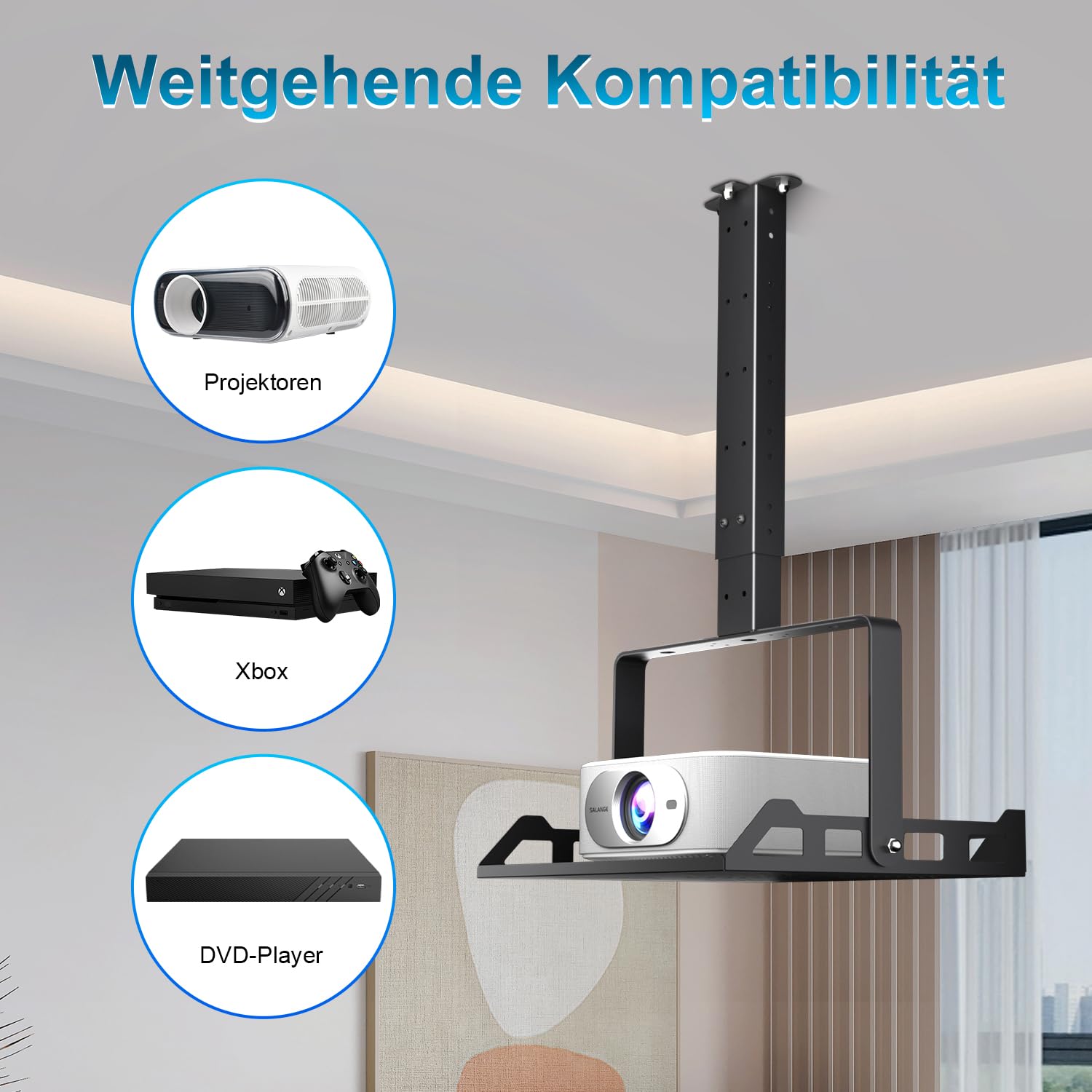 Salange Beamer Halterung Deckenhalterung, Höhenverstellbar Projector Halterung Decke,Universal wandhalterung Verdeckte Kabelführung,Tragkraft bis zu 10 kg,Beamerhalterungr für Heimkino Büro,Schwarz