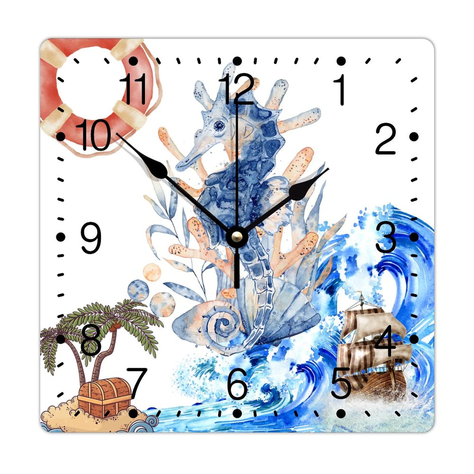 Horloge murale carrée plage vintage silencieuse en PVC pour maison