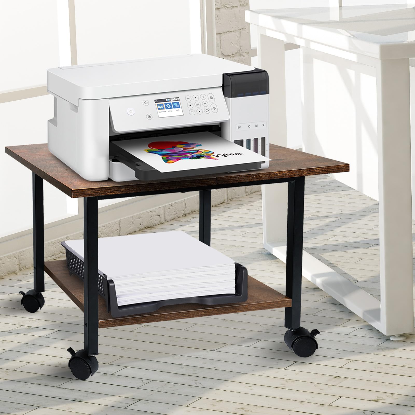 storenization Printer Stand with Storage Shelf, Small Printer Stand for Desk Office Home, Under Desk Printer Table with Rolling Wheels, Heavy Duty