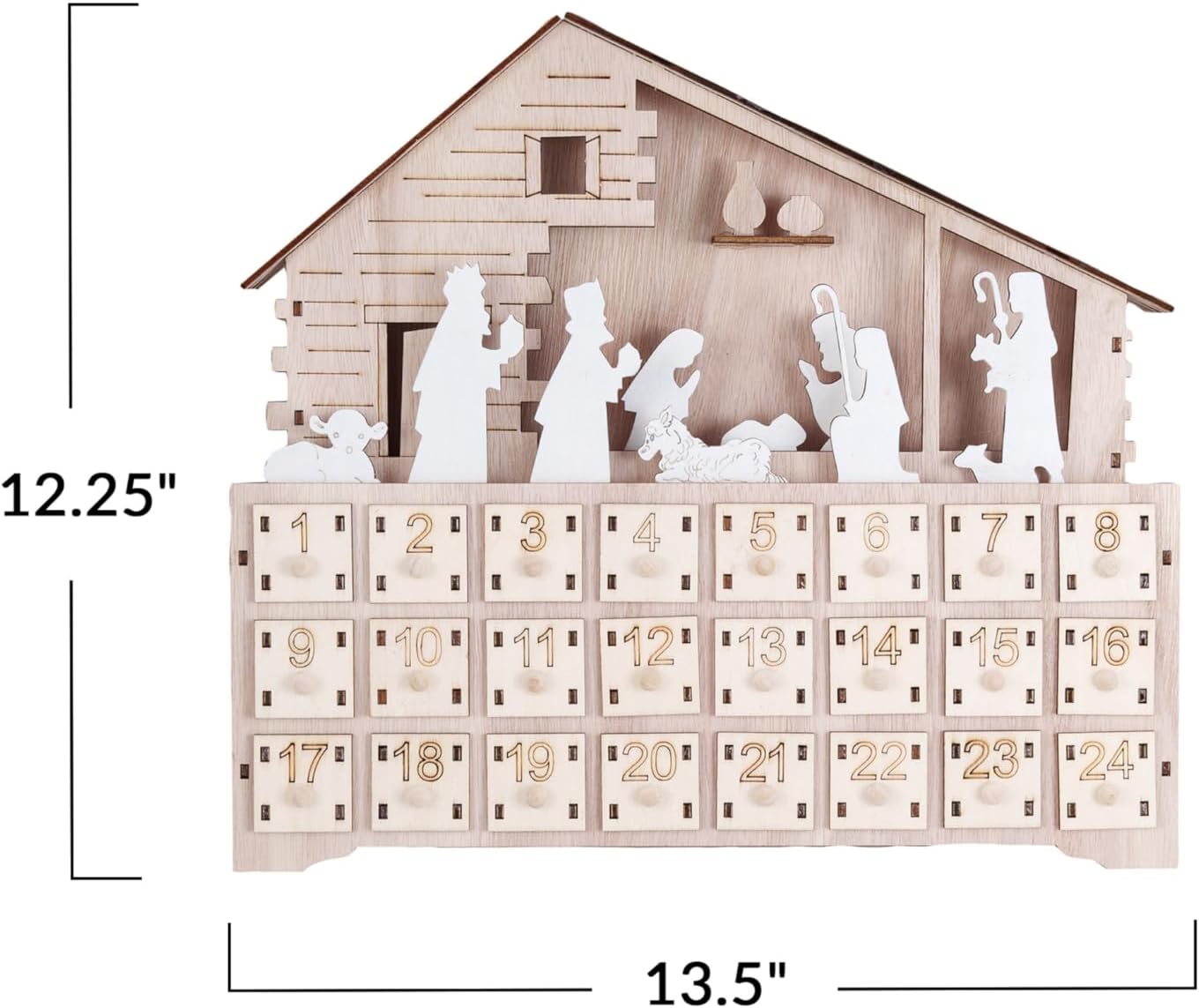 Creative Co-Op Wood Laser Cut Nativity Advent Calendar with LED Light and Drawers, Natural