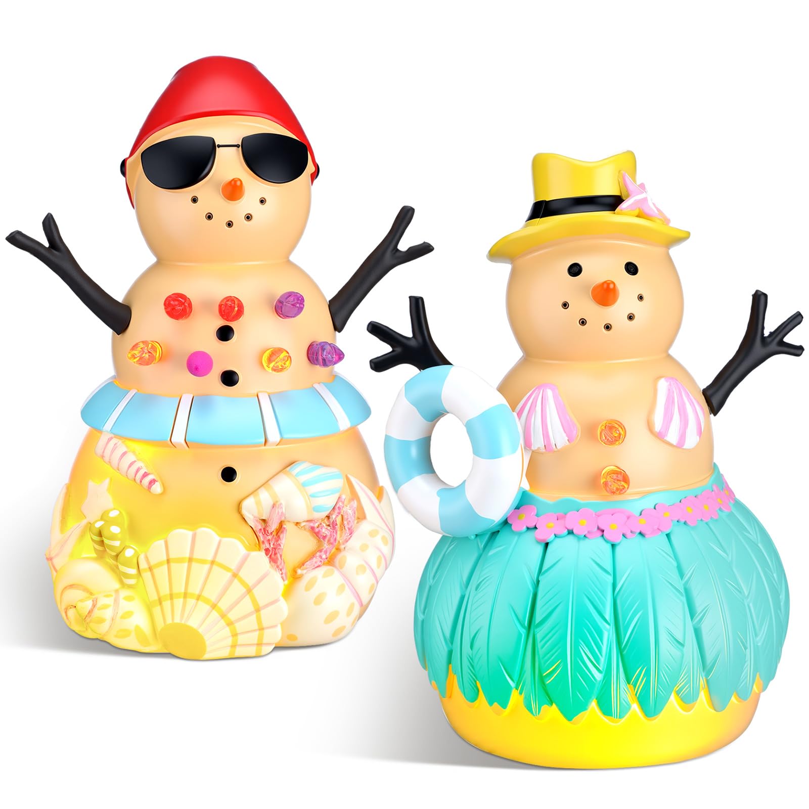 Bucherry 2 figuras de muñeco de nieve de playa con luz de resina de Navidad, decoraciones de muñeco de nieve costero, centros de mesa de Navidad, para el hogar, 3.5 x 3.5 x 5.9 pulgadas
