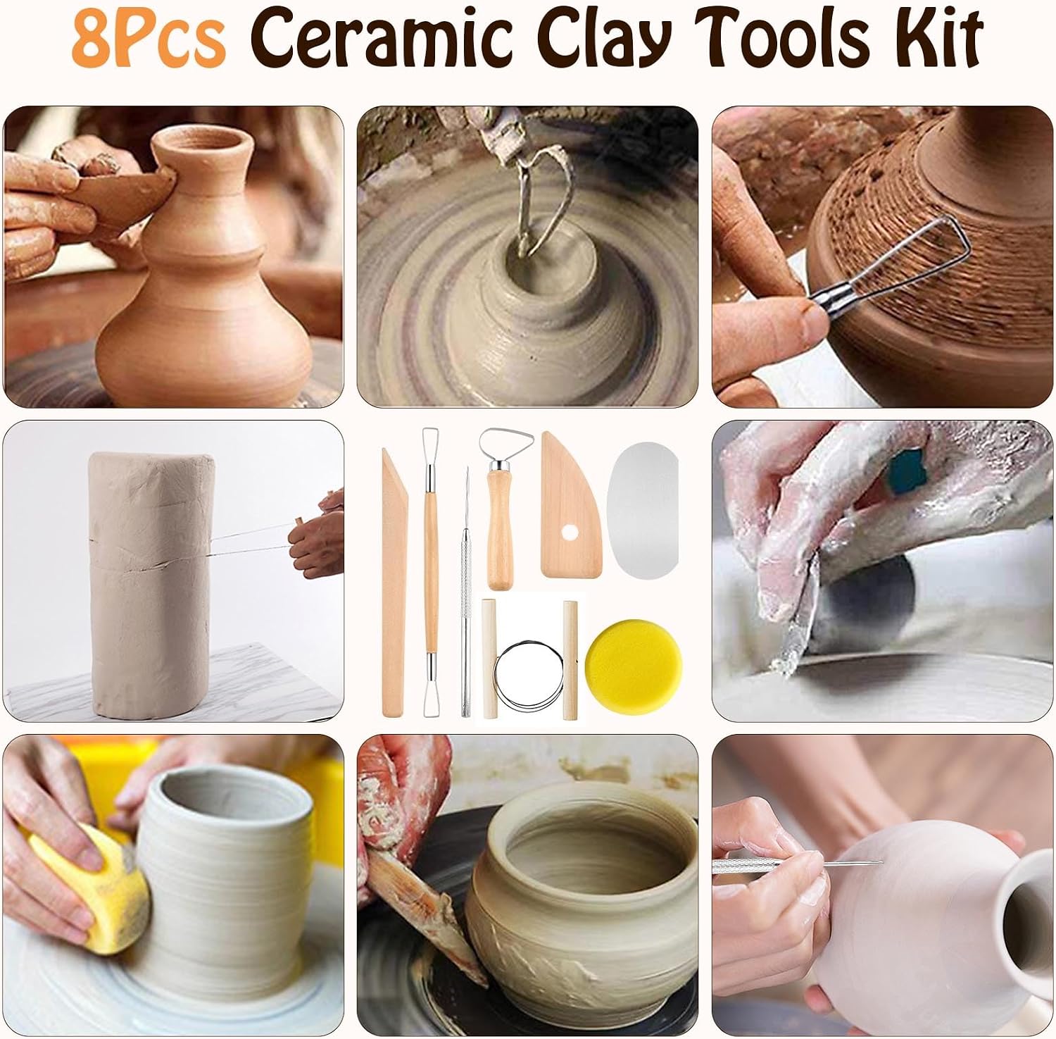 Akamino 20 Pcs Pottery Tools Include 1 Wood Rolling Pin,1 Portable Pottery Linen Tablecloth, 10 Pcs 5 Size Teaching Rolling Mud Stick Guide, 8 Clay Sculpting Tools for Manual Self Ceramic Clay Making