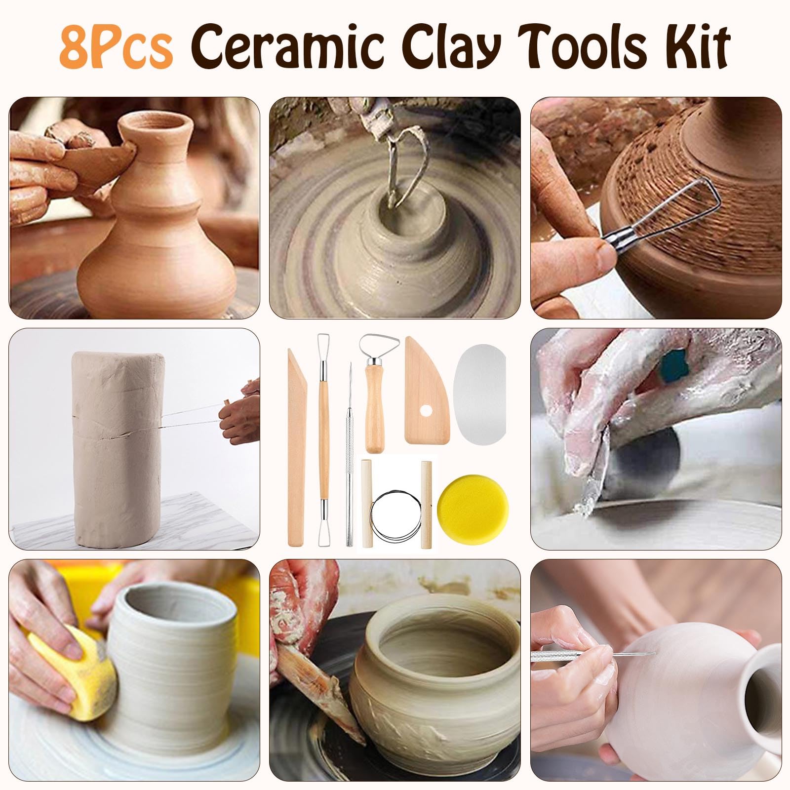 Lot de 20 outils de poterie comprenant 1 rouleau à pâtisserie en bois, 1 nappe portable en lin, 10 guides de 5 tailles pour l'enseignement, 8 outils de sculpture d'argile pour la fabrication