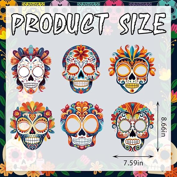 Heureppy 6PCS Day of the Dead Paper Mask Dia de los Muertos Mask for Dia de los Muertos Photo Props Party Costume Accessories
