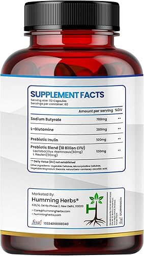 Miniatura 2 de Humming Herbs Cápsulas de butirato de sodio+ - Soporte digestivo 4 en 1 con L-glutamina + inulina prebiótica + mezcla de probióticos (10 mil