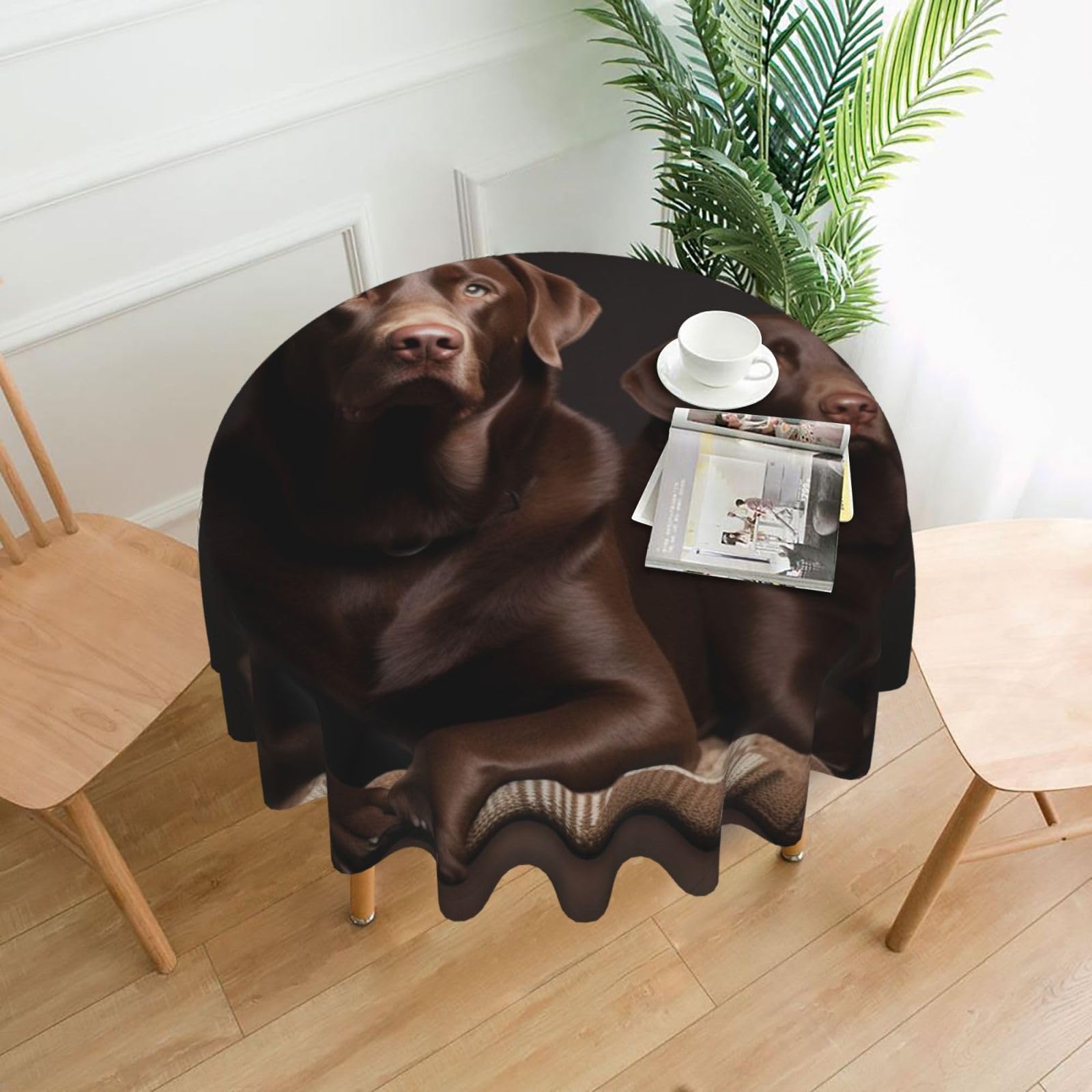 FodPand Brown Labrador Retriever Tablecloths for Round Tables 60 Inch - Reusable Washable Dining Table Clothes - Stain and Wrinkle Resistant Decorative Fabric Table Cover for Wedding Party