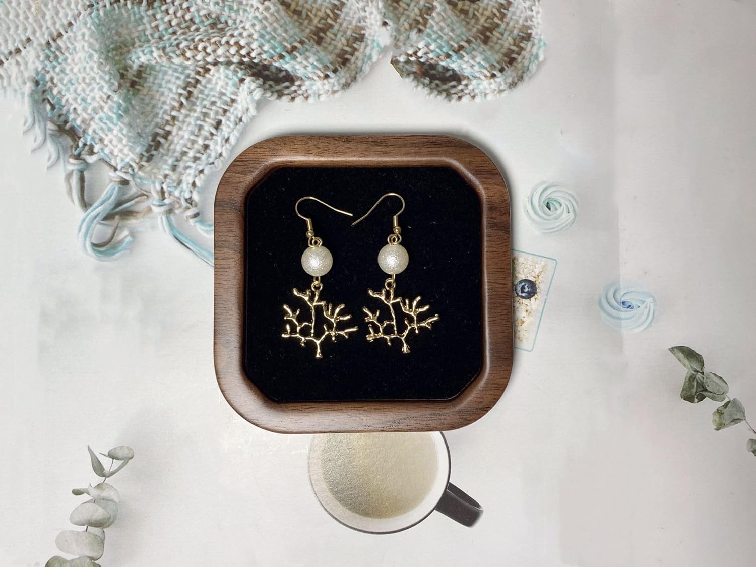 Wooden Jewelry Tray Small Trinket Dish with Velvet Surface Rings Earrings Dish Necklaces Bracelet Organizer Display Tray for Dresser Drawer Tabletop Birthday Gift(Square) - Image 4