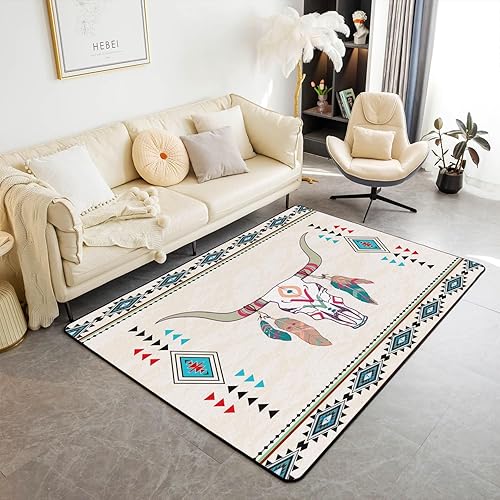 Erosebridal Alfombra bohemia occidental de 3 x 5 pies para mesita de noche, alfombra azteca con calavera de toro, alfombra del suroeste para