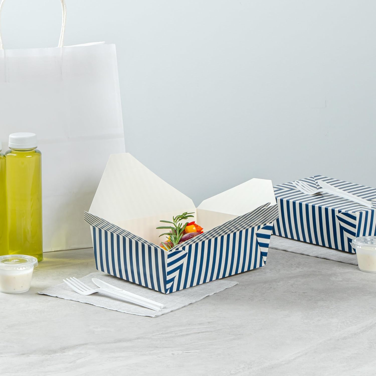 Restaurantware Paper Take Out Box 50 Count 8.5 x 6.2 x 2.6 Inches 71 oz Leakproof Blue and White StripeFood Container with Secure Lid, Grease-Resistant Rectangular for Large Capacity Food Storage