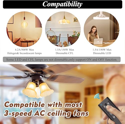 Miniatura 5 de Ventilador de techo inteligente universal con control remoto e interruptor de luz reguladora, repuesto remoto de ventilador de techo compatible con