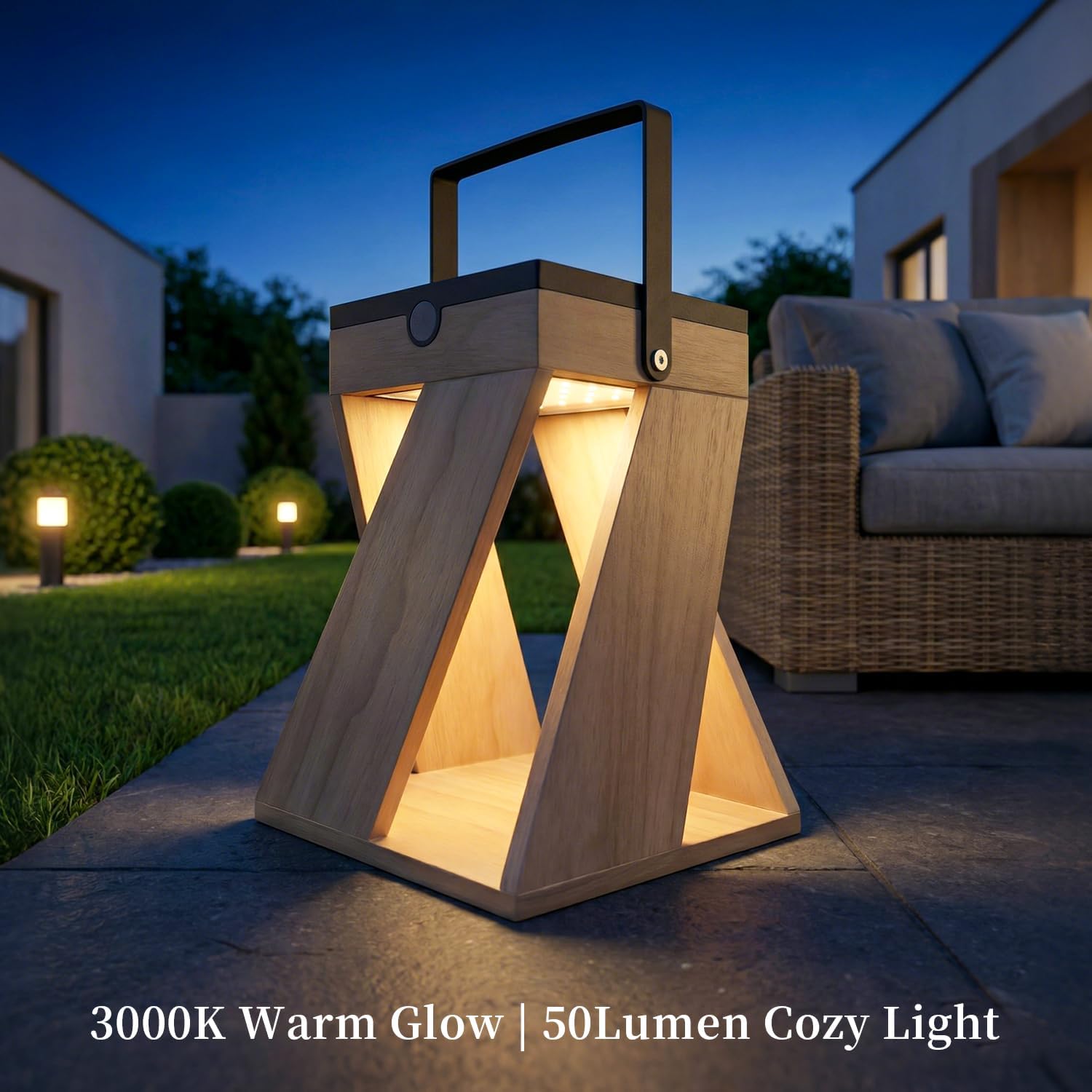 Masdio Portable Solar Lamp Outdoor, 3000K Warm Glow 50 Lumens, Weatherproof LED Lantern with Handle, 2000mAh Battery Powered 8-10H, Easy One-Button Operation for Patio Garden Balcony Decor
