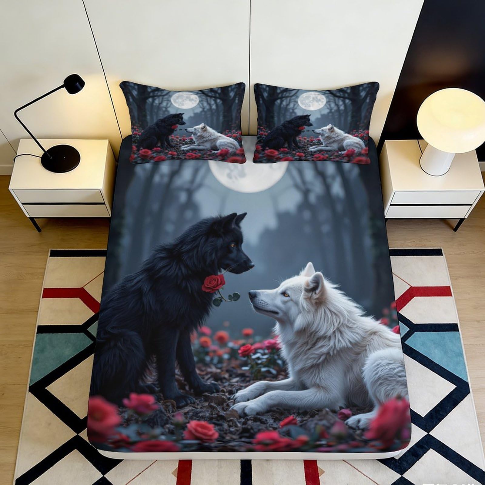 3D Printed Wolf Moon Fitted Sheet Microfiber Durable Soft 3D Printed Rose Bed Cover for Bedroom Dormitory Guest Room Mattress Protection 180x200x25cm