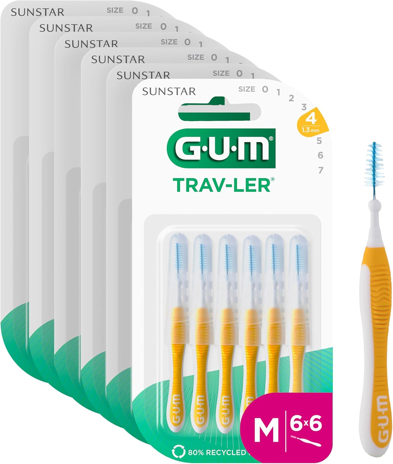 GUM TRAV-LER brossettes interdentaires | nettoyage en profondeur entre les dents | manche pliable | élimination de la plaque dentaire | 1.3mm, ISO 4 | Taille M | Lot de 6x6