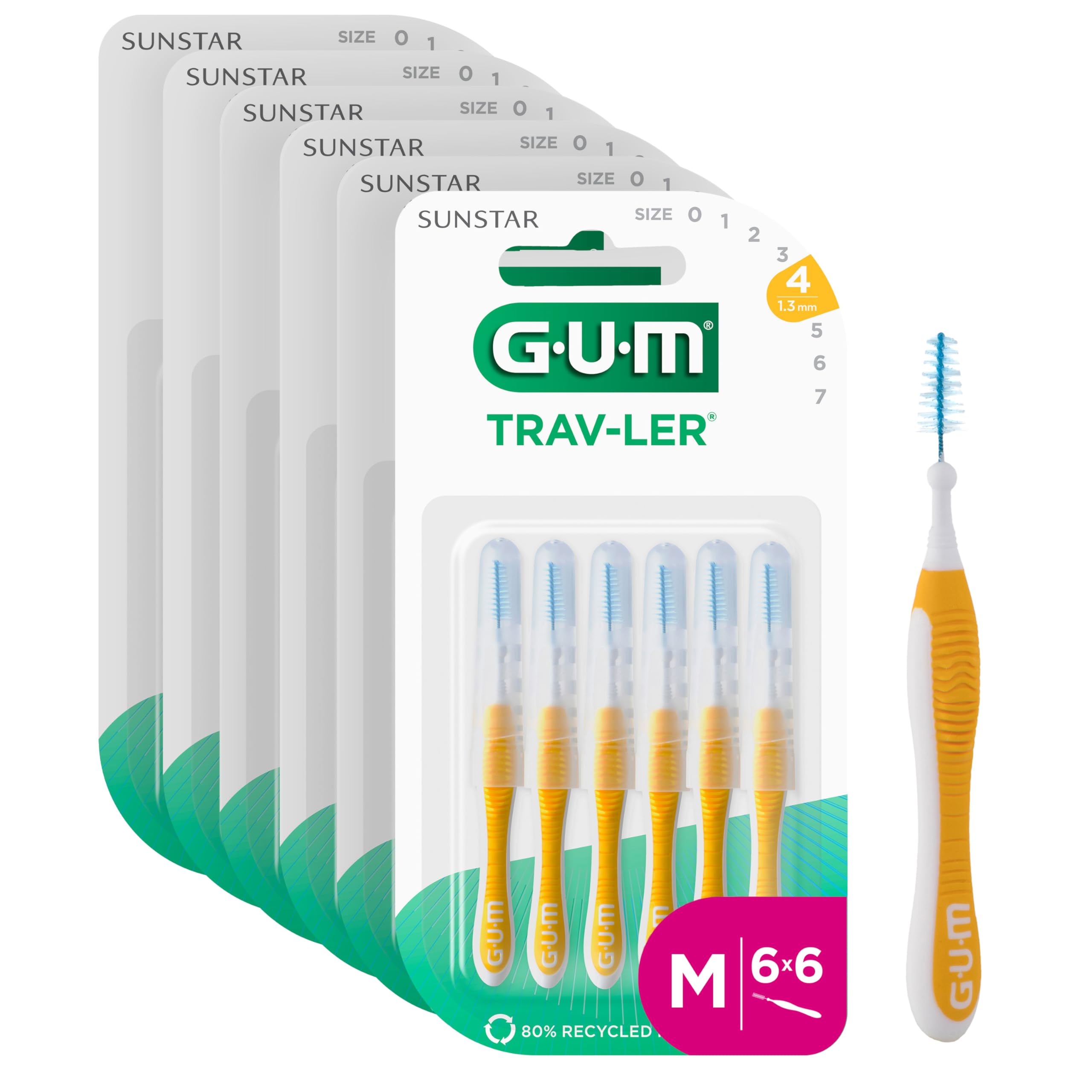 GUM TRAV-LER brossettes interdentaires | nettoyage en profondeur entre les dents | manche pliable | élimination de la plaque dentaire | 1.3mm, ISO 4 | Taille M | Lot de 6x6