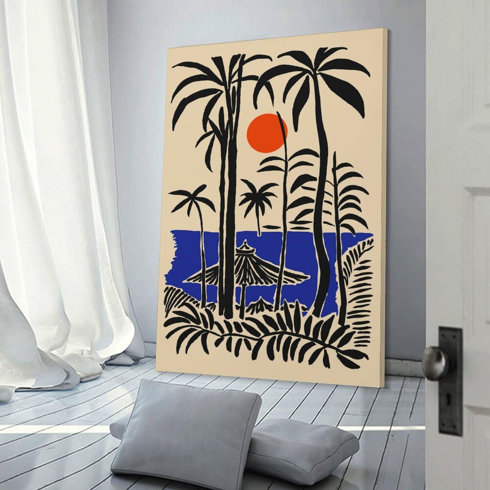 Junmoney Tropical Beach Scene Illustration Canvas Wall Picture 20x30inch(50x75cm), for Study, Office Or Focused Interiors, Home Office Artwork with Decorative Appeal