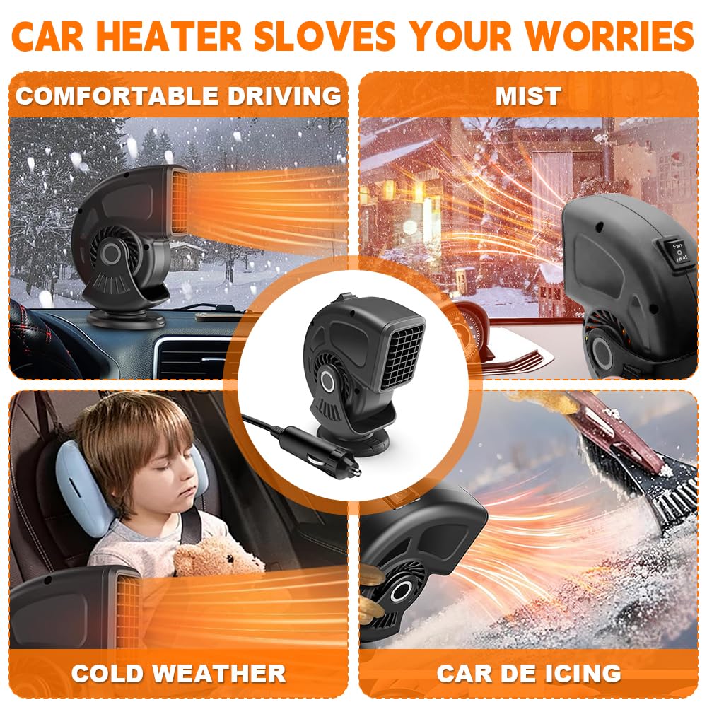 Riscaldatore per Auto, 12V Ventola di Riscaldamento per Parabrezza, 150W Ventola di Raffreddamento, 2 in 1 Riscaldamento Auto, Riscaldamento per Auto di 360°, Stufa per Auto, SUV, Campeggio