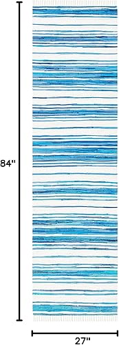 Miniatura 2 de SAFAVIEH Rag Rug Collection - Alfombra de pasillo de 2 pies 3 pulgadas x 7 pies, color marfil y azul, hecha a mano, de algodón a rayas, ideal para