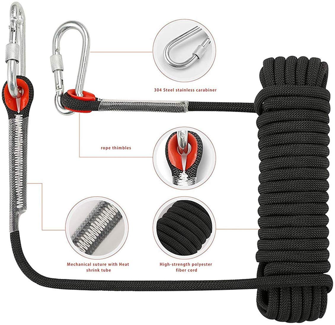 Corde D'escalade Statique 10 Mm X 10 M - Nylon, 2 Mousquetons Inclus, Pour Travaux Hauteur, Rappel, Camping - 3