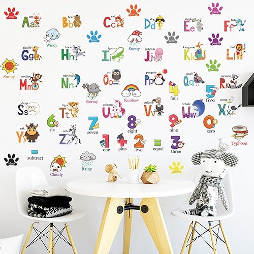 Miniatura 6 de Calcomanías de pared del alfabeto, calcomanías de números de animales, decoración de habitación de niños, sala de juegos, aula, dormitorio