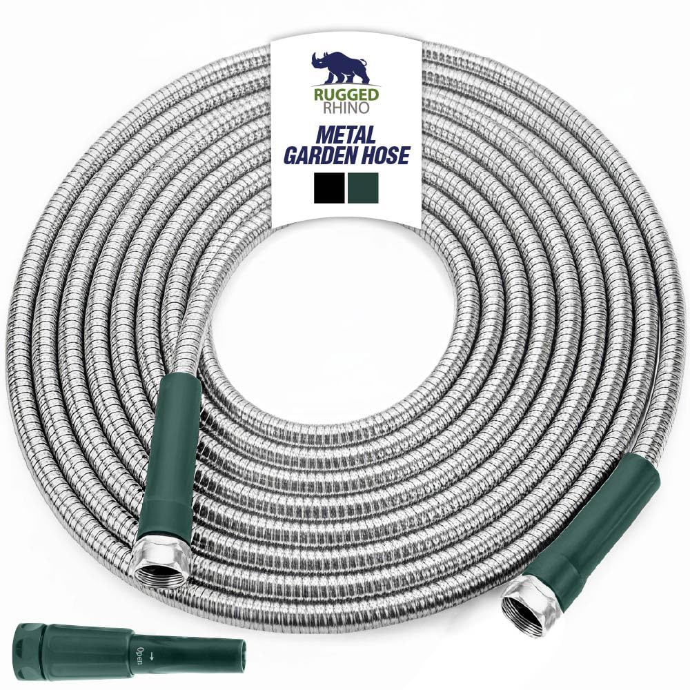 RUGGED RHINO Metal Garden Hose with Spray Nozzle, 304 Stainless Steel, 750 PSI Burst Strength, Heavy Duty Flexible Water Hose, Kink Resistant, Leakproof for Yard, Lawn and Outdoor Use, Green 25FT