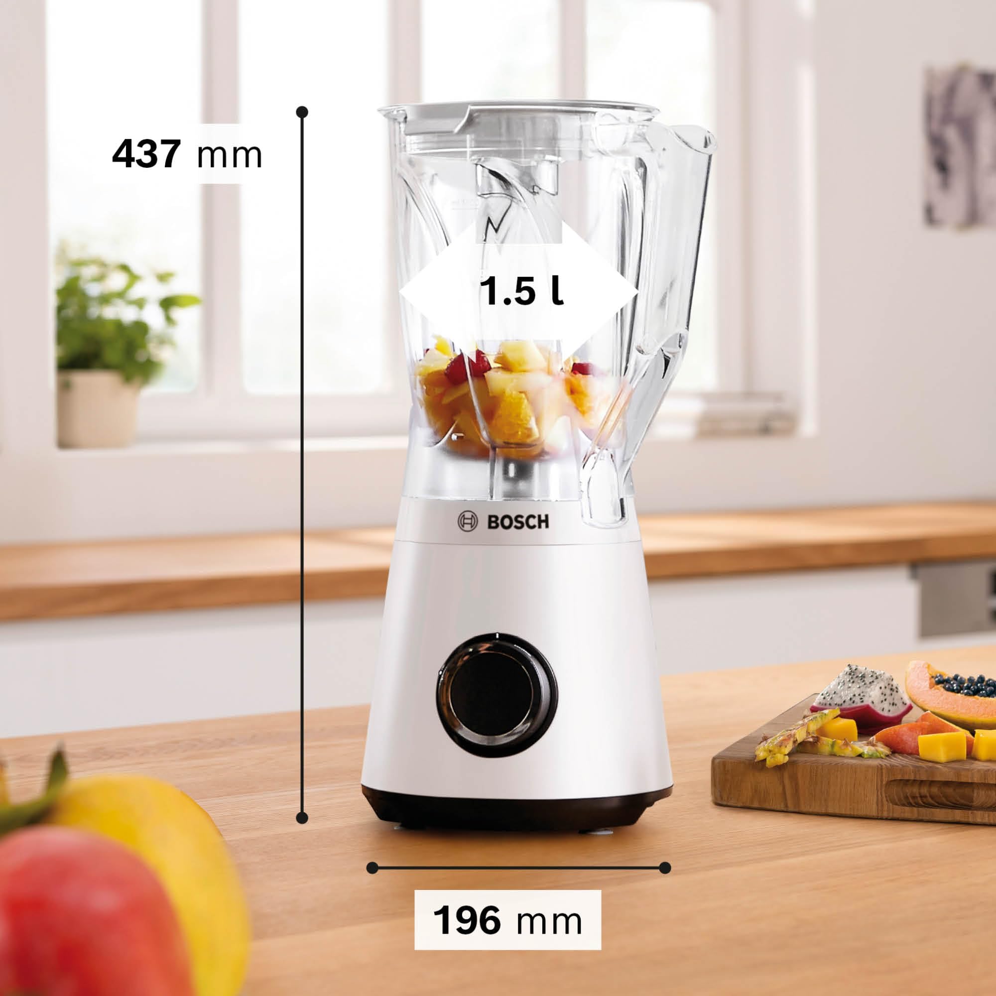 Bosch Standmixer Smoothie Maker, 1200 W, 1,5l Kunststoff-Mixbehälter, weiß, spülmaschinenfeste Teile, 30.000 U/min, Made in Europe, VitaPower Serie 4 MMB6141W